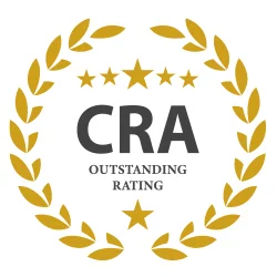 Gold logo composed of laurel leaf design with five stars and text that reads CRA Outstanding Rating