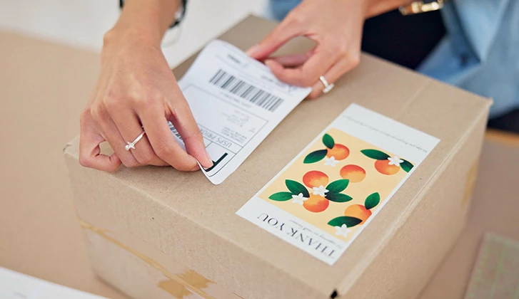 Online order, delivery label and woman hand with small business sticker for cardboard box. Stock, startup process and sales of ecommerce and boutique at home of a entrepreneur with courier package.